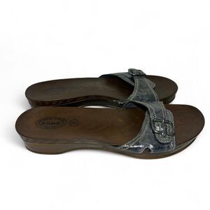 Dr. Scholls navy blue denim sandals shoes faux wood wooden heel